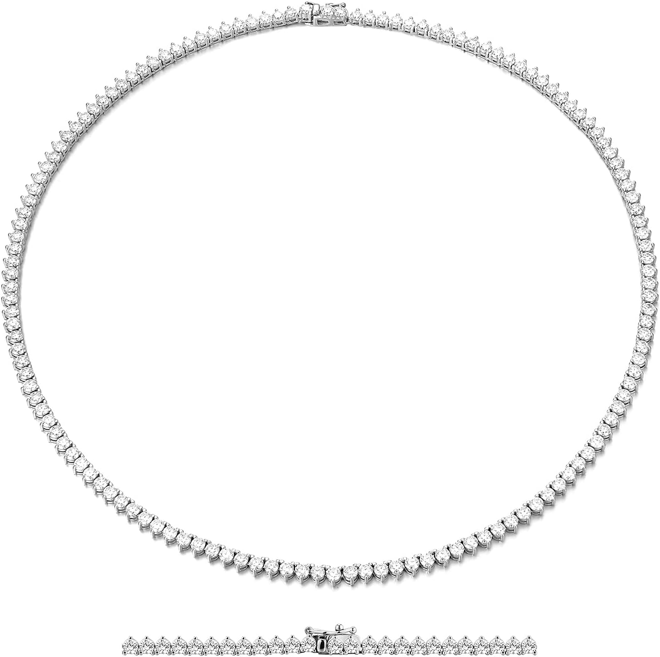 Moissanite Tennis Necklace Chain Women: 3MM Sterling Silver Moissanite Tennis Chain VVS1 D Color 14k White Gold Plated Choker Moissanite Jewelry Elegant Lab Diamond Anniversary Necklaces Wife Mom