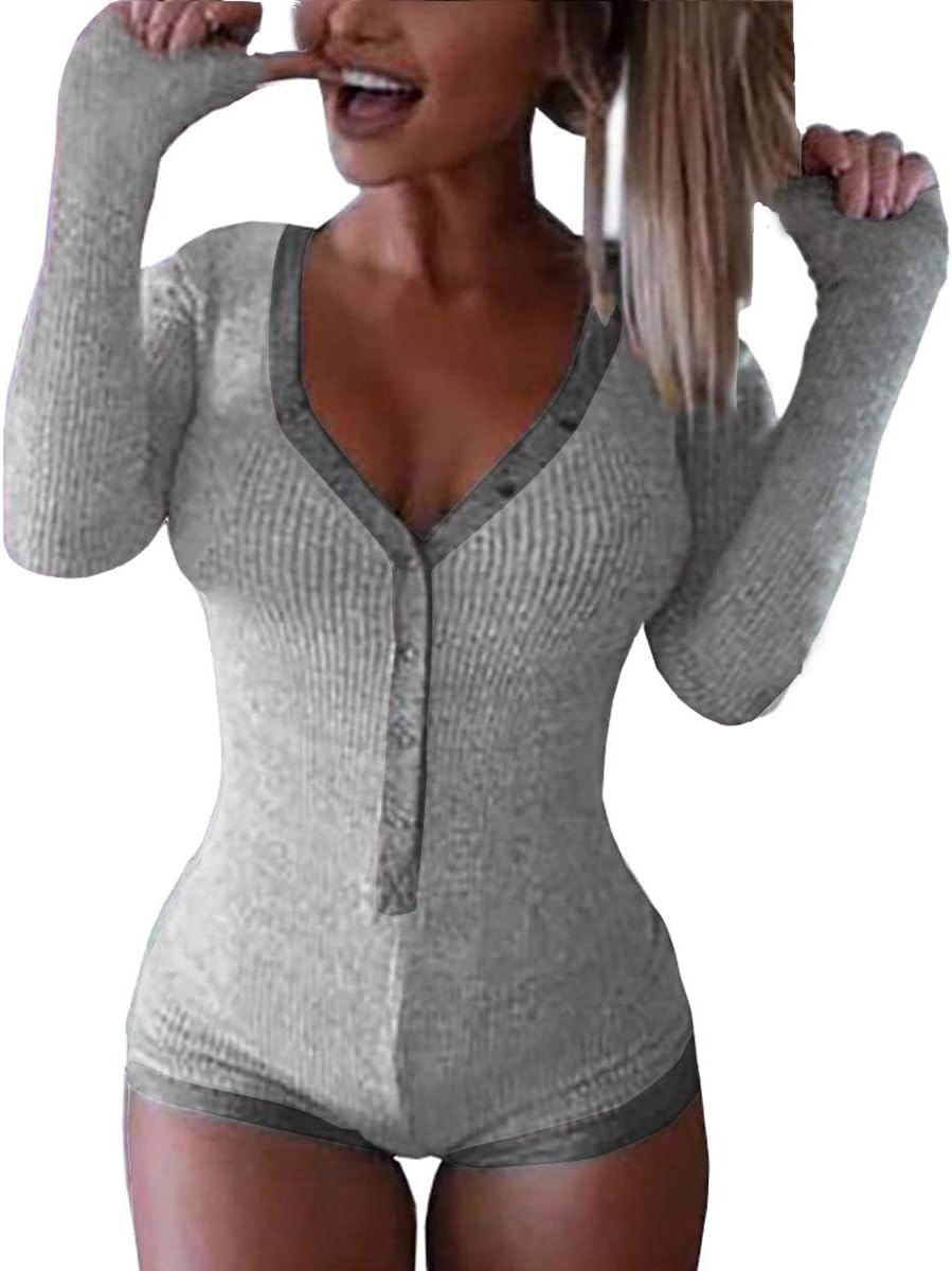 Roselux Women's Sexy Deep V Neck Shorts Long Sleeve Knitted One Piece Bodysuit Sexy Pajama Onesie Bodycon Rompers Overall