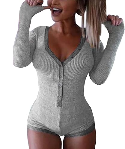 Roselux Women's Sexy Deep V Neck Shorts Long Sleeve Knitted One Piece Bodysuit Sexy Pajama Onesie Bodycon Rompers Overall - B-long Sleeve-gray&dark Gray - Medium