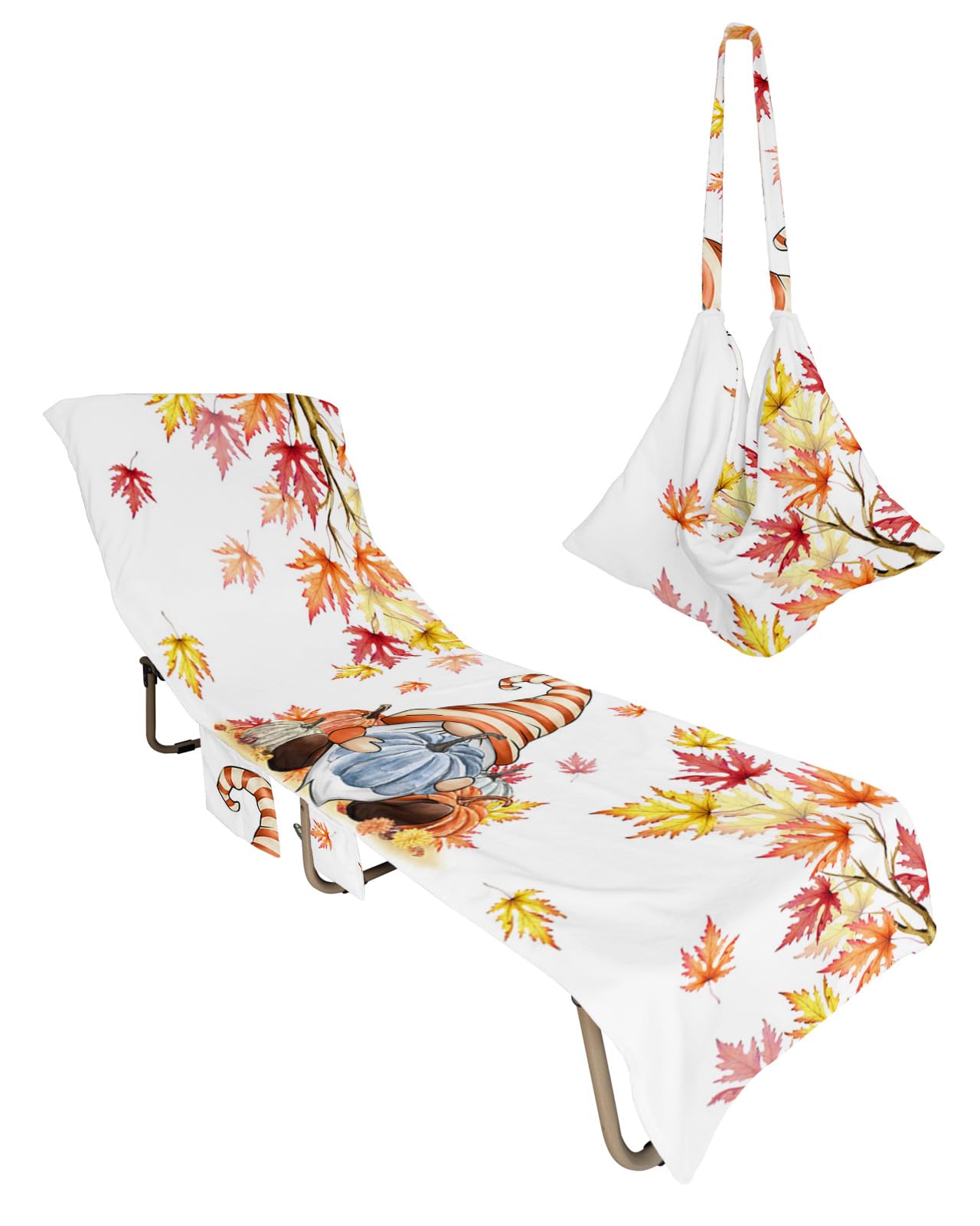 Pumpkin Gnomes Beach Chair Towel Covers for Chaise Lounge with Side Pocket, Soft Plush Pool Towels Cover for Patio Sunbathing Outdoor 29''x85'' Thanksgiving Fall leaves Autumn Holiday