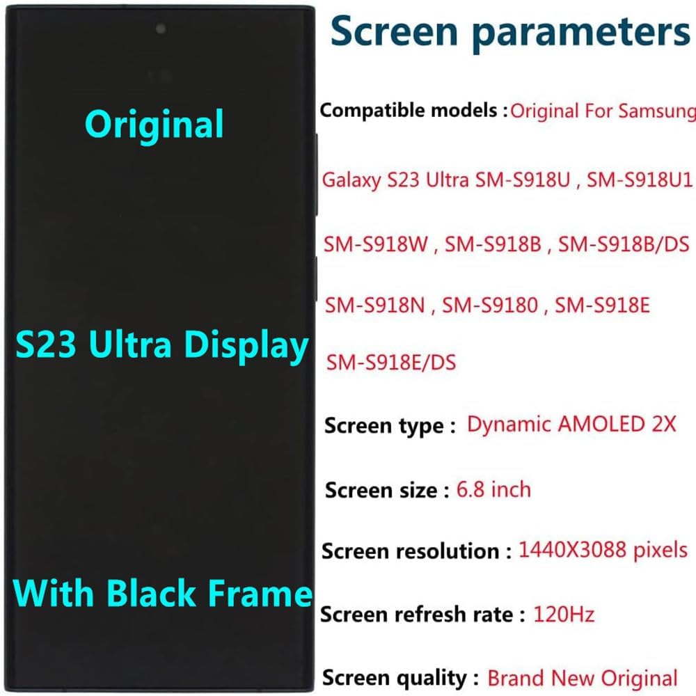 6.8" Original AMOLED Display for Samsung Galaxy S23 Ultra S918U S918B/DS S918U1 S918W S918E Screen Replacement S23 Ultra 5G Display Touch Screen Digitizer Assembly (with Black Frame+Back Cover+Tools)