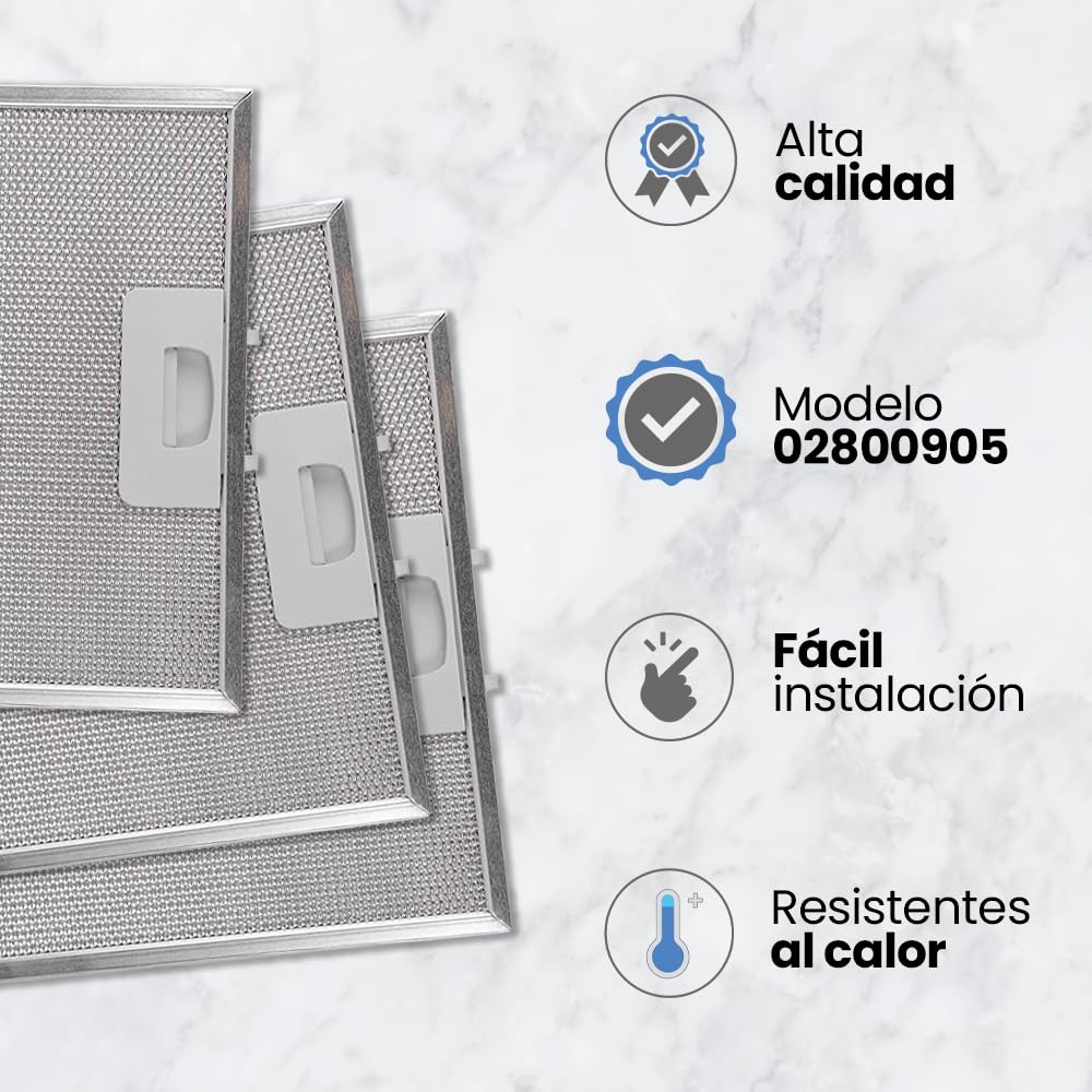 Pack 3 Filtros para Campana Extractora de Cocina | 02800905 | Compatible con Cata, Apelson y Nodor | de Aluminio Resistente | 320x260mm | Color Plata (3 unidades)