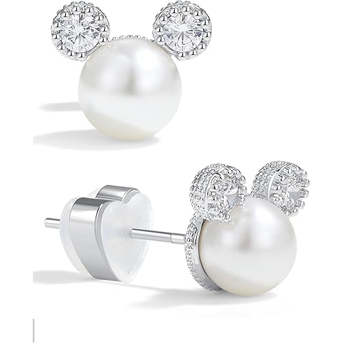 PANSTAR Pearl Earrings for Women - Hypoallergenic 925 Sterling Silver Posts with Pearls & Zircon Gems - Lightweight Mini Mouse Studs with Gift Box