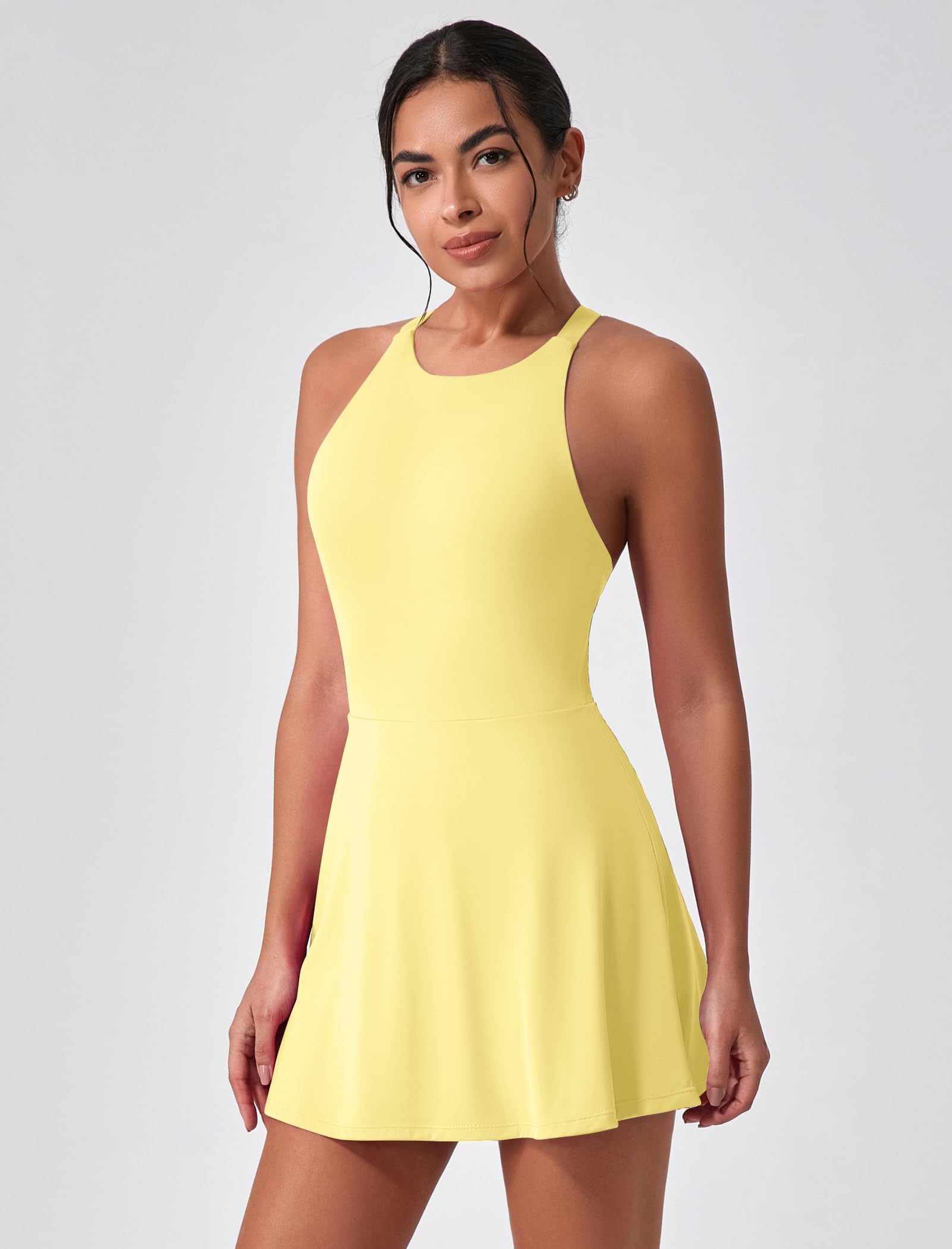 Robe de tennis pour femme - Sans manches - Dos croisé - Avec soutien-gorge intégré et short - Avec poches - Mini robe d'été - Robe de golf - Robe d'entraînement