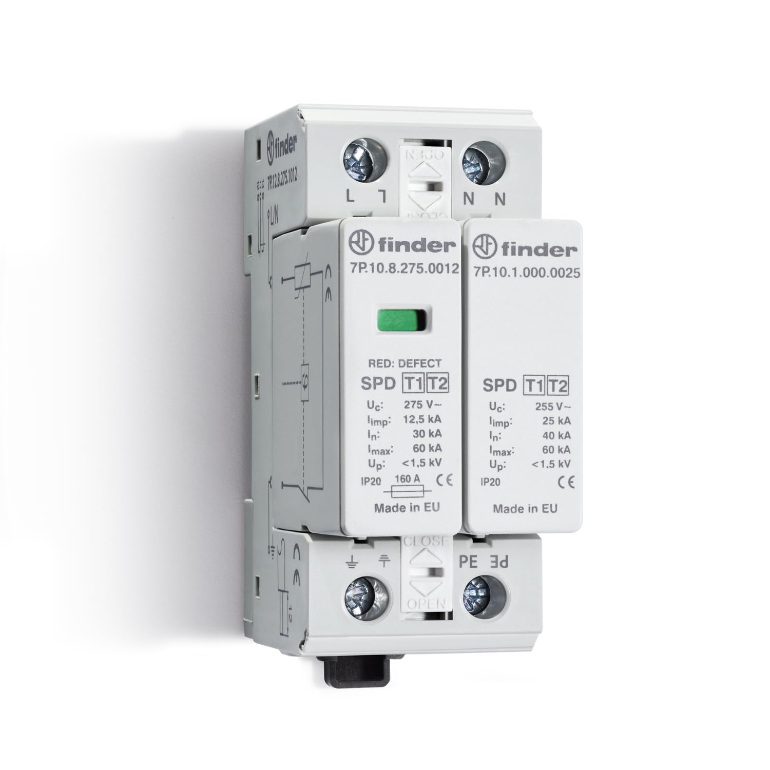Finder Scaricatore di Sovratensione Tipo 1+2 7P.12. A basso valore di up, per sistemi TT e TN-S monofase con Neutro. Protezione varistore L-N + Spinterometro a gas N-PE SPD