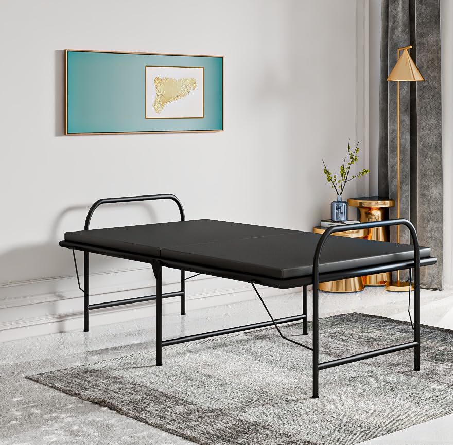 Image of Wrought Iron Metal Frame Single Bed with Raxin Cushion Matters | Foldable Bed with Cushions for Bedroom Kids Room Hall Home | (Matt Finish Black)