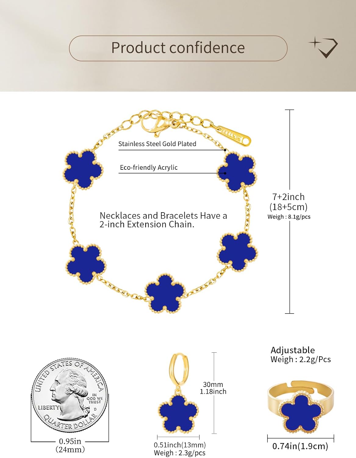 Gold Plated Five Leaf Clover Bracelet Rings and Dangle Earrings Set for Women Lucky Flower Jewelry - Image 3