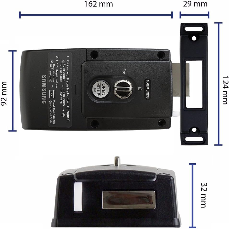 Diagram showing the dimensions of the Samsung SHS-2621 Smart Door Lock's main unit and strike plate in millimeters.