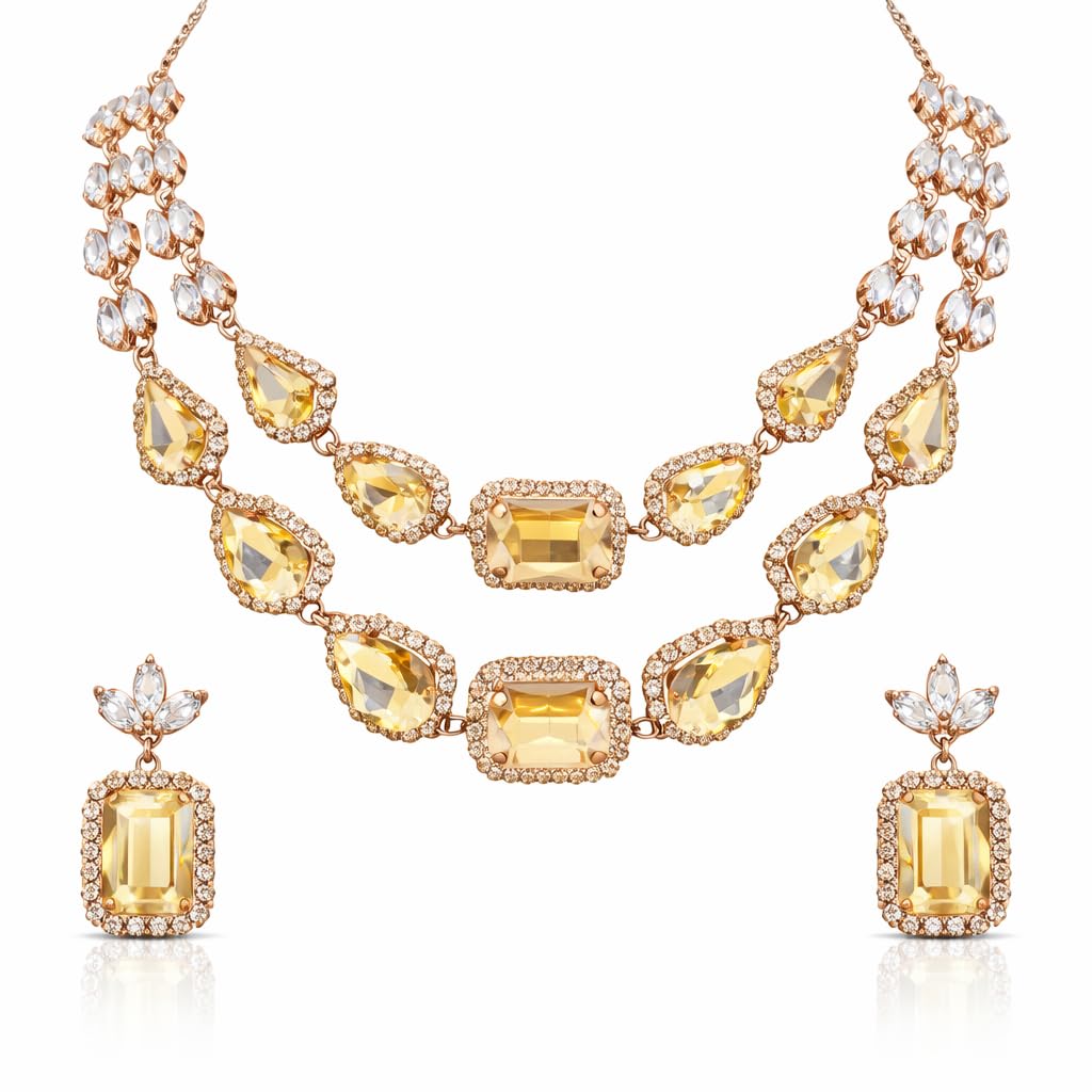 Golden Champagne Stone Layered Necklace and Earrings Set | Premium Statement Jewellery Set for Party & Festive Occasions-image-31