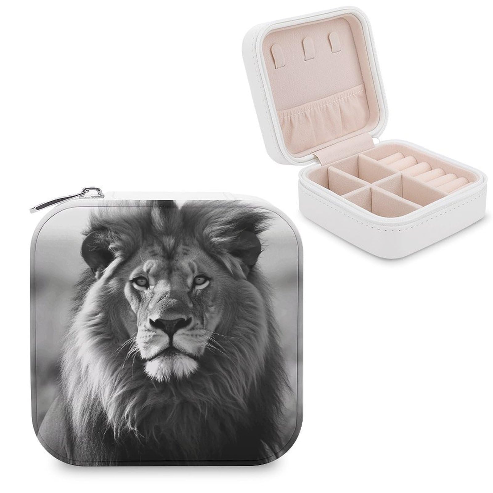 FekiLoot African Lion Black And White Jewelry Case Personalized Leather Jewelry Box Mini Travel Jewelry Case Small Portable Jewelry Organizer for Ring Earrings Necklace Bracelet