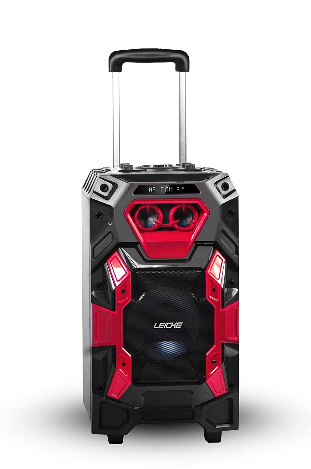 LEICKE Tragbar Karaoke Lautsprecher Bluetooth, PA DJ Anlage Kabellos Party Musikanlage Musik System Box, Soundsystem mit Licht USB, Aux In, UKW Radio, Gitarren Mikrofon Anschluss und Trolley Griff