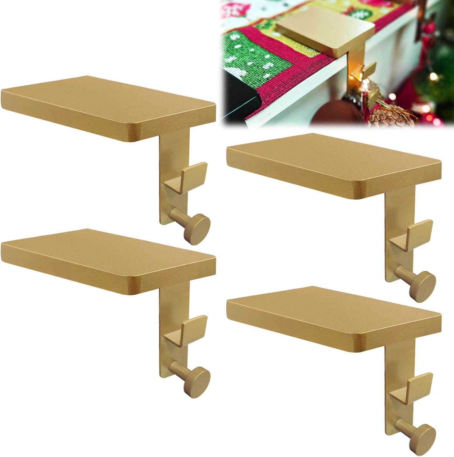 4 Pcs Gold Garland Hangers for Mantle, 2 in 1 Mantle Weighted Christmas Stocking Hanging Hooks Stocking Holder with Double Sided Tape -Each Mantle Holder Has Two Hooks for Dual Purpose (Gold-4Pcs)