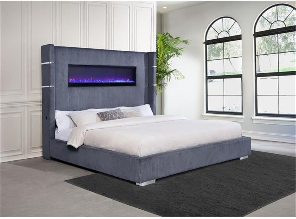 Pemberly Row Wingback Upholstered Eastern King Fireplace Bed, Gray Corduroy Fabric, Panel Design with Integrated Flame Box, 16-Color Remote-Controlled Effects, Spacious Modern Bedroom Furniture