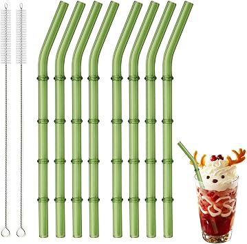 8-piece Reusable Glass Straws Set with 2 Cleaning Brushes BRIIEC Cute Bamboo-jointed Shape Drinking Straws Set for Milk, Coffee, Juice, Tea, Cocktails - 8 Bent