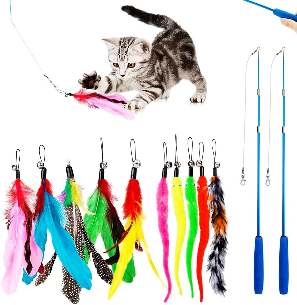 Interactive Cat Feather Teaser Toys, 2 Retractable Wands & 10 Bird Feather Worm Attachments for Kittens to Chase Hunt or Exercise