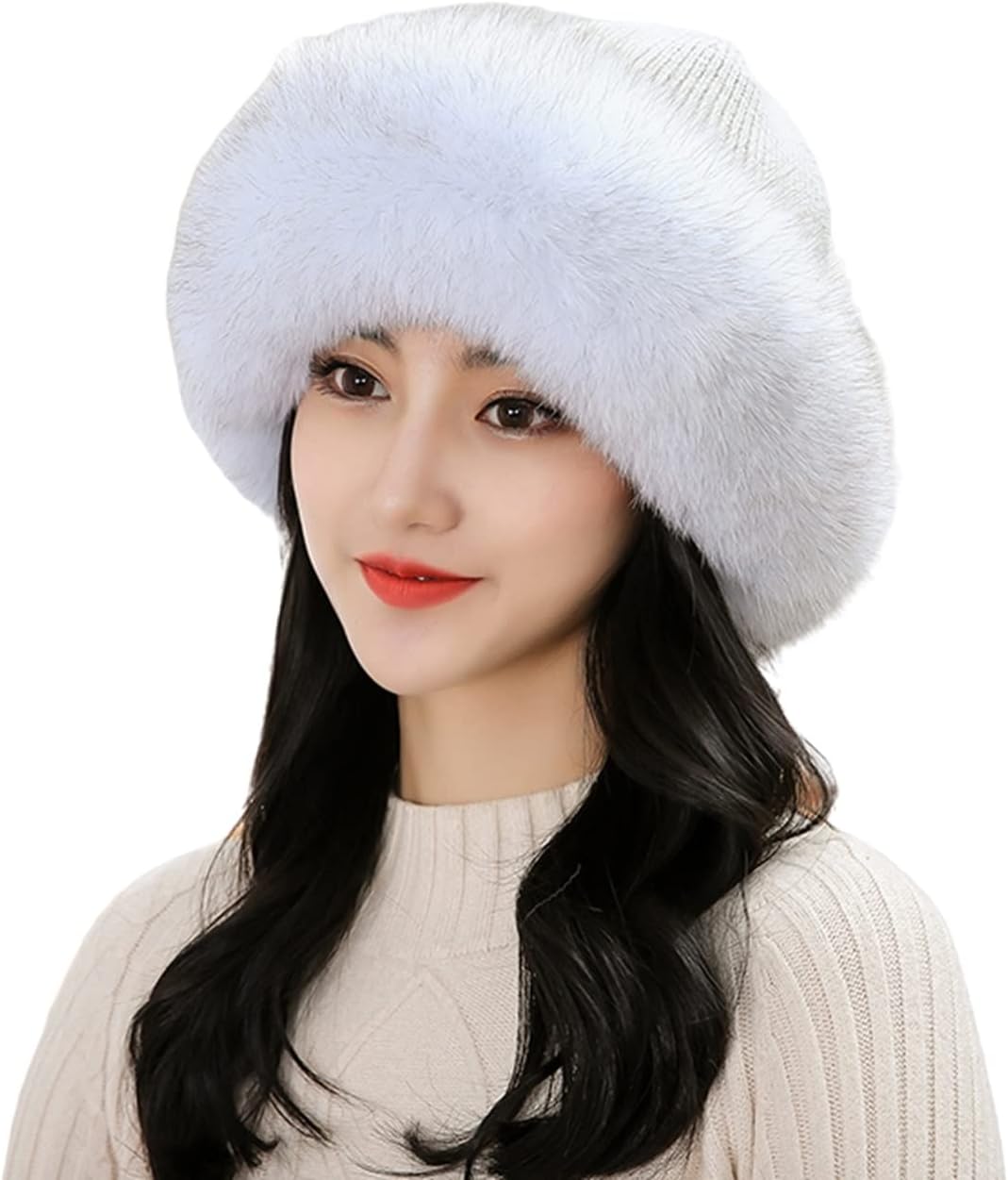 Womens Winter Hats Wool with Real Fox Hair Brim Bucket Hat Ski Snow Cap Warm Beanies