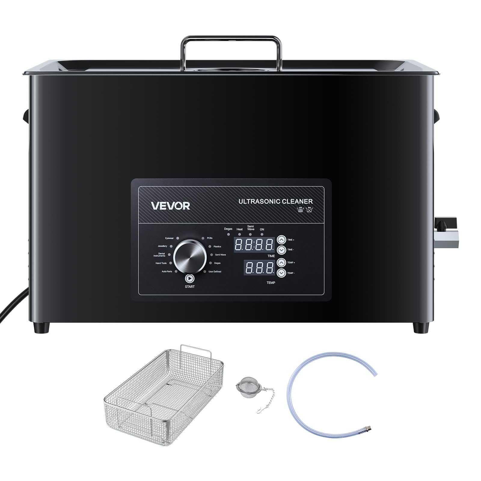 VEVOR Nettoyeur à Ultrasons 30 L, Appareil de Nettoyage par Ultrasons avec Commande par Bouton, en Inox, avec Panier et Boule de Nettoyage, pour Montres, Rasoirs, Bijoux, Pièces de Monnaie, Noir