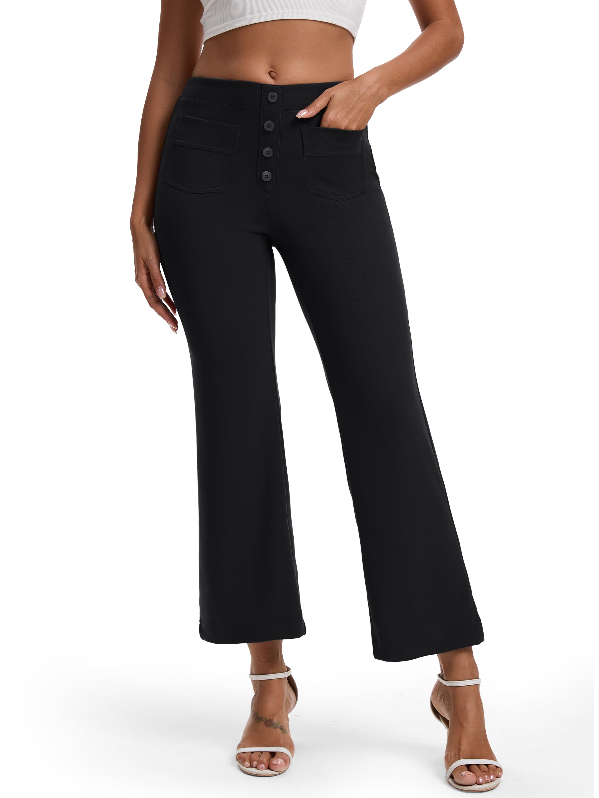 Tapata Womens 24 26 29 Inseam Cropped Flare Dress Pants Button 4 Pockets Capris Stretchy Work Casual Ankle