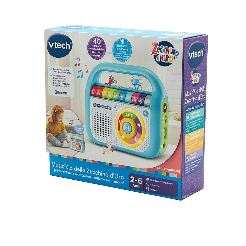 VTech Music'Kid ze złotą szynką, odtwarzacz MP3 dla dzieci z 40 oryginalnymi piosenkami ze złotego kleika, tryb nagrywania, odtwarzacz Bluetooth dla dzieci, język włoski, baterie w zestawie, 2-6 lat