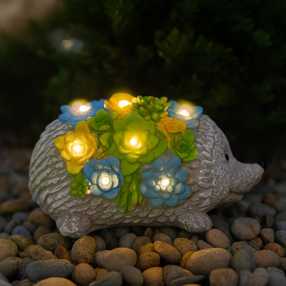 Solar Hedgehog Garden Ornament Outdoor Statue with Succulent Plant & LED Lights, Decorative Figurine for Patio, Balcony, Yard, Lawn – Unique Housewarming Gift for Parents Grandparents Friends