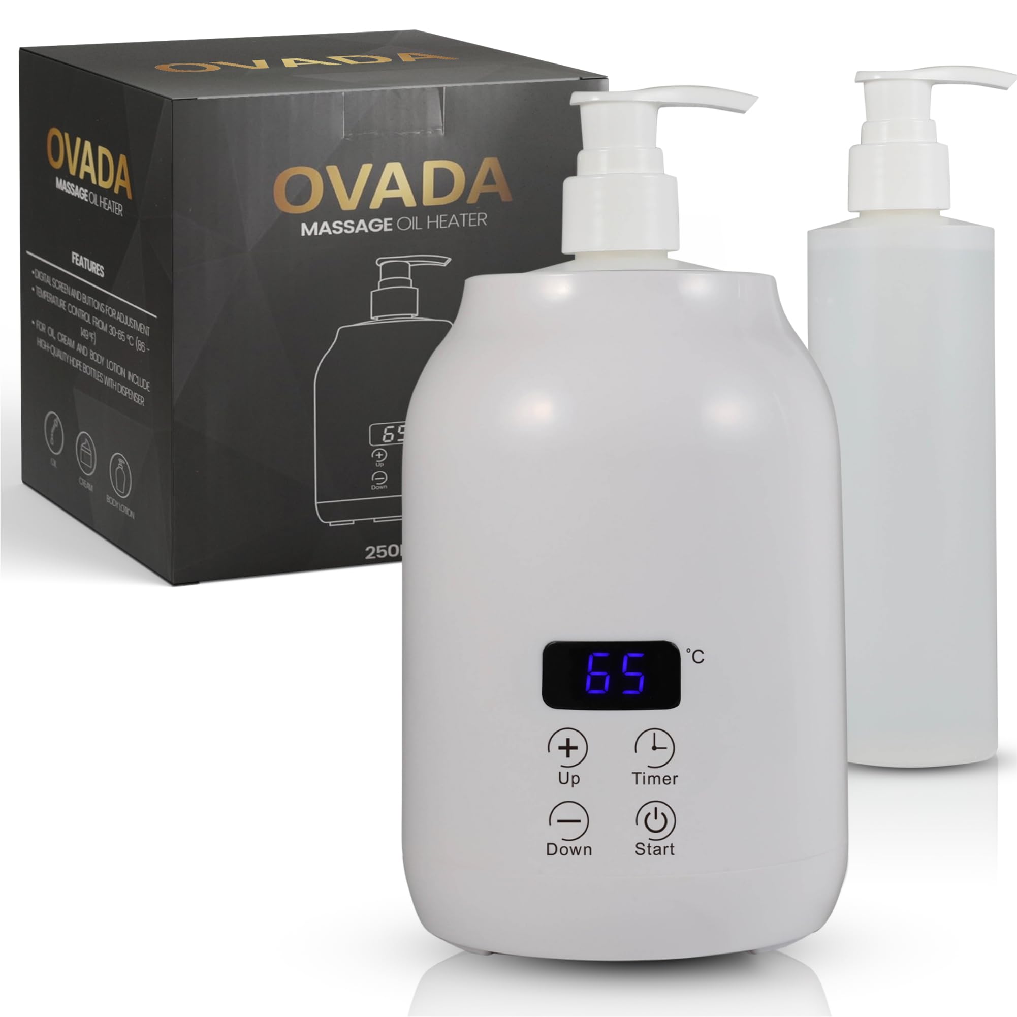 Chauffe-huile de Massage Élégant Blanc, Bouteille Plastique 2x, Température Réglable 30-65°C