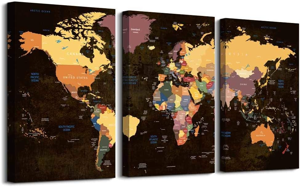 Canvas Wall Art for Office Wall Decor for Living Room，Large Size Black and White Vintage World Map Poster Printed ，Color Map Prints Printing Watercolor Framed Hotel Home Decoration Bedroom Artwork