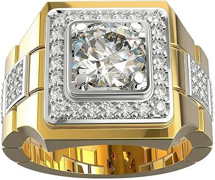18k Gold Plated Sterling Silver Shiny Full CZ Crystal Diamond Two Tone Engagement Wedding Ring Round Cut Cubic Zirconia Hip Hop Mens Cocktail Party Ring11