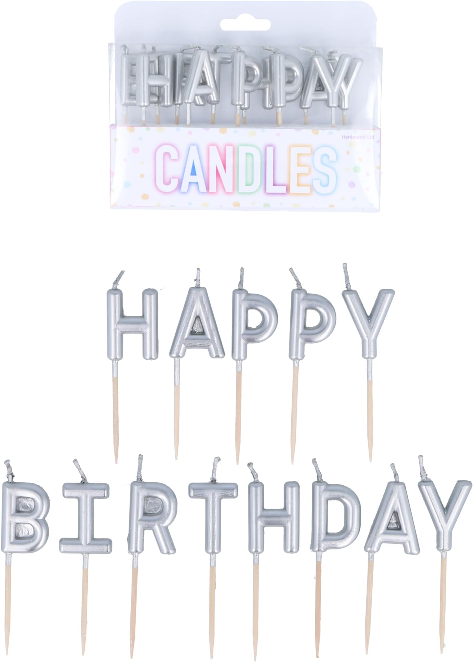 Henbrandt Pack of 13 Silver Happy Birthday Candles on Wooden Picks, Metallic Silver 7cm Lettered Happy Birthday Celebration Candles Cake Topper for Birthday Cake and Cupcake Decorations