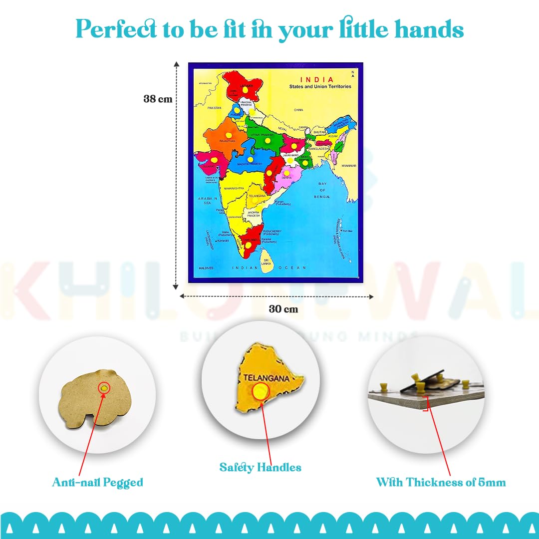 Khilonewale Kid's India Map Puzzle with Knobs | Educational Learning Toys for Boys and Girls | Interactive Kids Puzzle Toy | Size 30x38 cm (India Map) 3