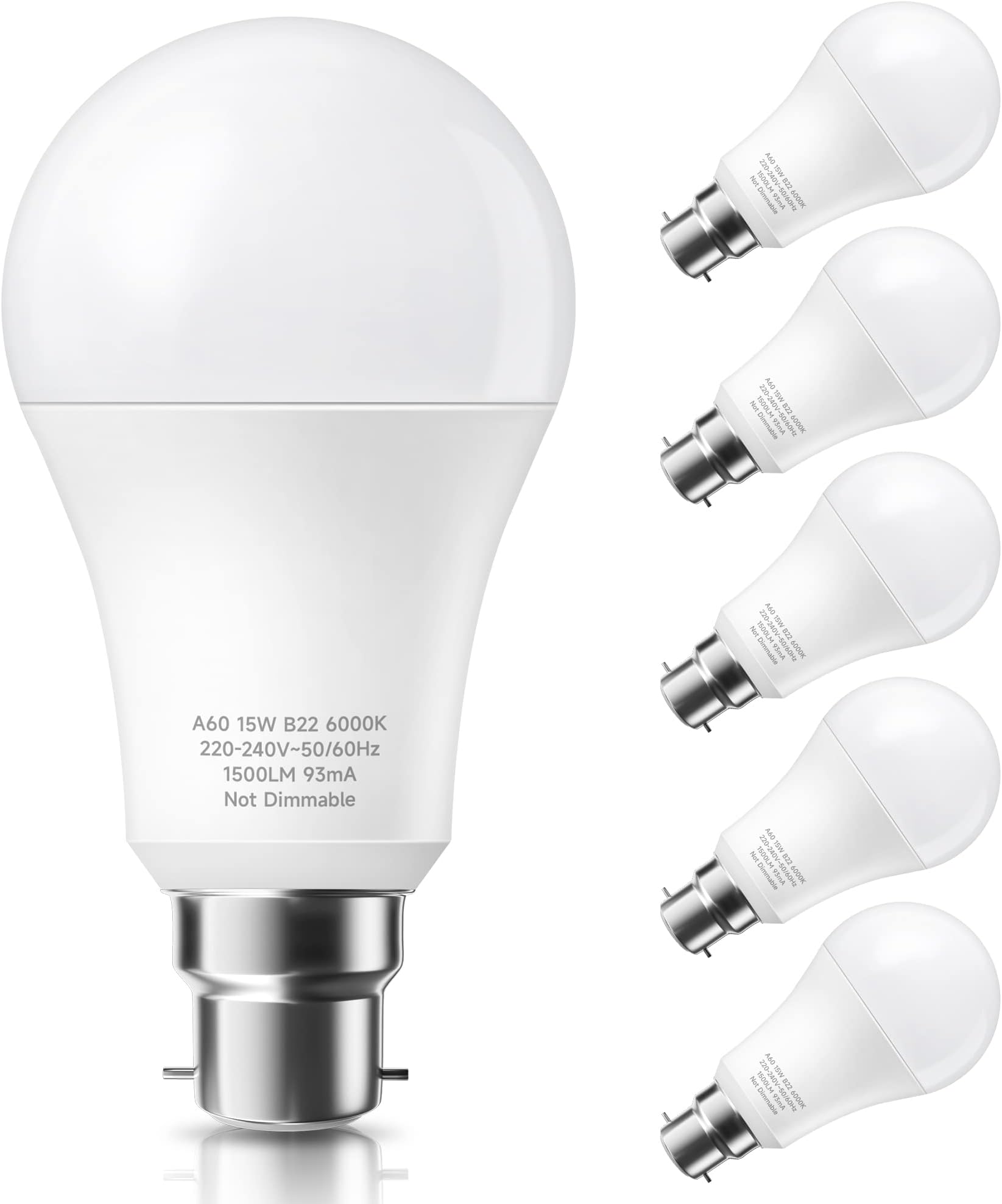 PURSNIC B22 LED Bulbs, 15W B22 Bayonet Light Bulbs Equivalent to 150W Incandescent Bulb, Daylight White 6000K A60 GLS Frosted BC Bulbs, Super Bright 1500LM, 6 Pack