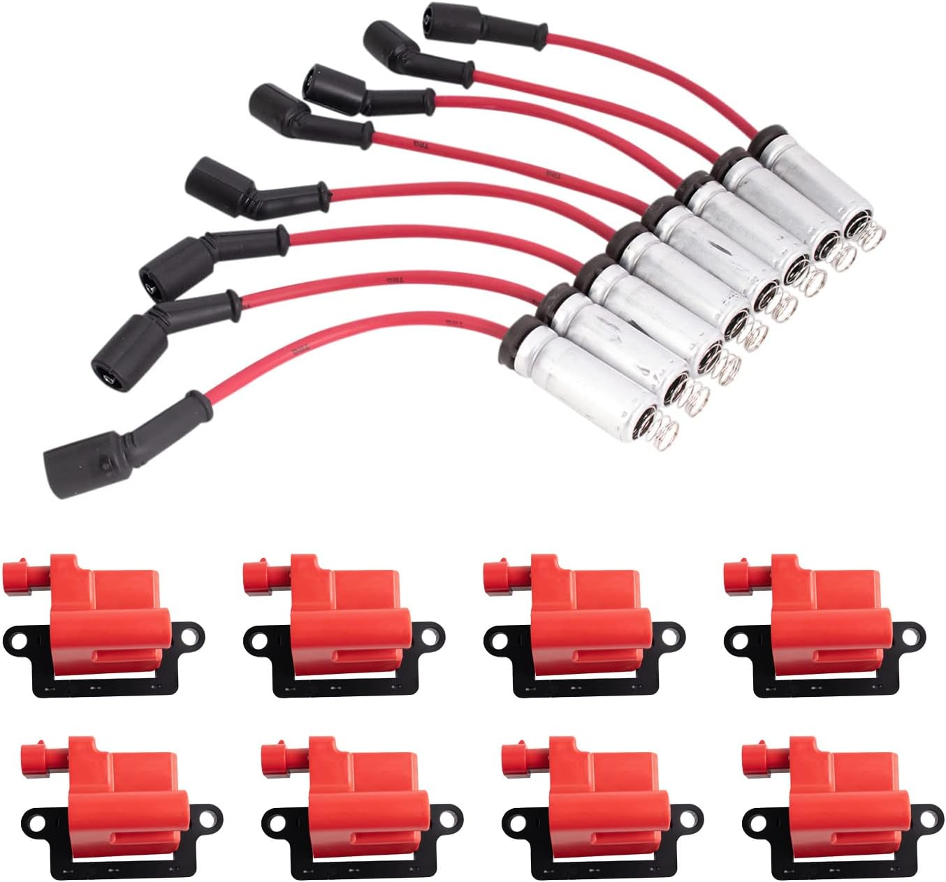 TRQ Ignition Coil Kit 9 Piece Compatible with 1999-2007 Chevrolet Silverado Suburban GMC Sierra 1500 2500 Tahoe Yukon XL 2500 2002-2006 Cadillac Escalade 2003-2007 Hummer H2