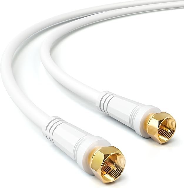 deleyCON 1m (3.28 ft.) SAT TV Antenna Cable Coaxial Cable HDTV 4-Fold Shielding DVB-S DVB-S2 Radio DAB Gold-Plated Metal Connector Plugs - White
