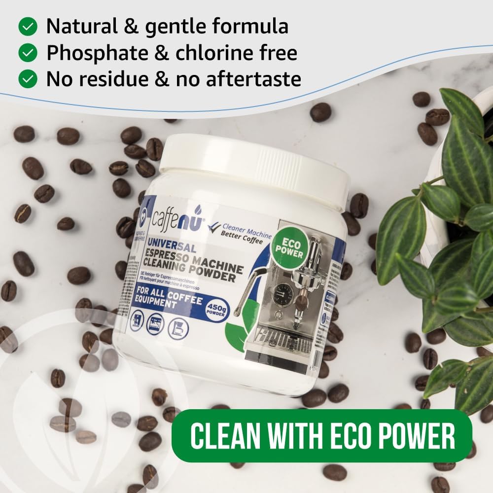 Caffenu cleaning powder with 'Natural & gentle formula' and 'Phosphate & chlorine free' labels