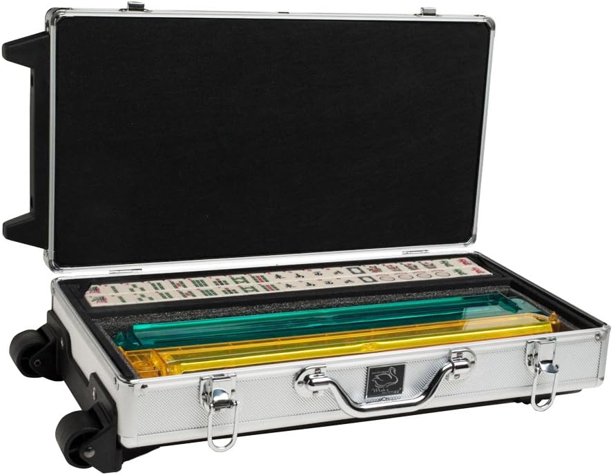 Set - Wheeled Aluminum Case - Ivory Tiles, Modern Pusher Arms, Silver, American Mahjong