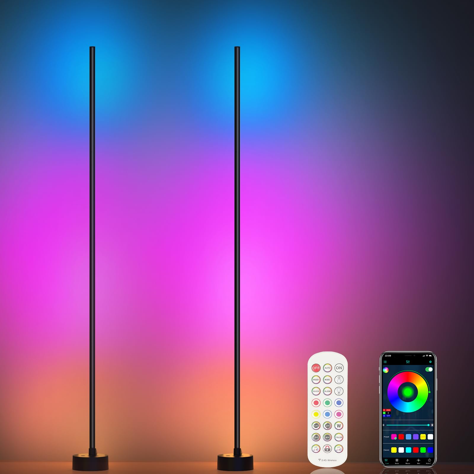 Corner Floor Lamp, 2 Pack LED Corner Lamp with App/Remote/Button Control, Smart RGB Floor Lamp with 16 Million DIY Colors & 68+ Scene, Music Sync for Living Room, Bedroom, Gaming Room