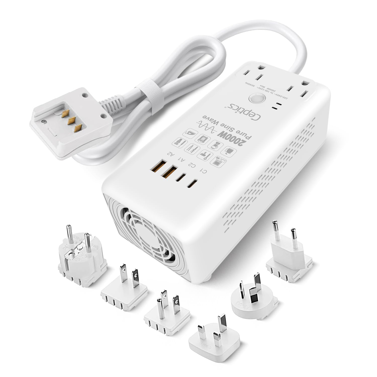 Ceptics voltage converter us to Europe, 2000W Pure Sine Wave 220v to 110v converter, Perfect for Hair dryer, Straighteners and Curling iron, 6 in 1 converter with 2 AC outlets and 4 USB ports (PD 45W)