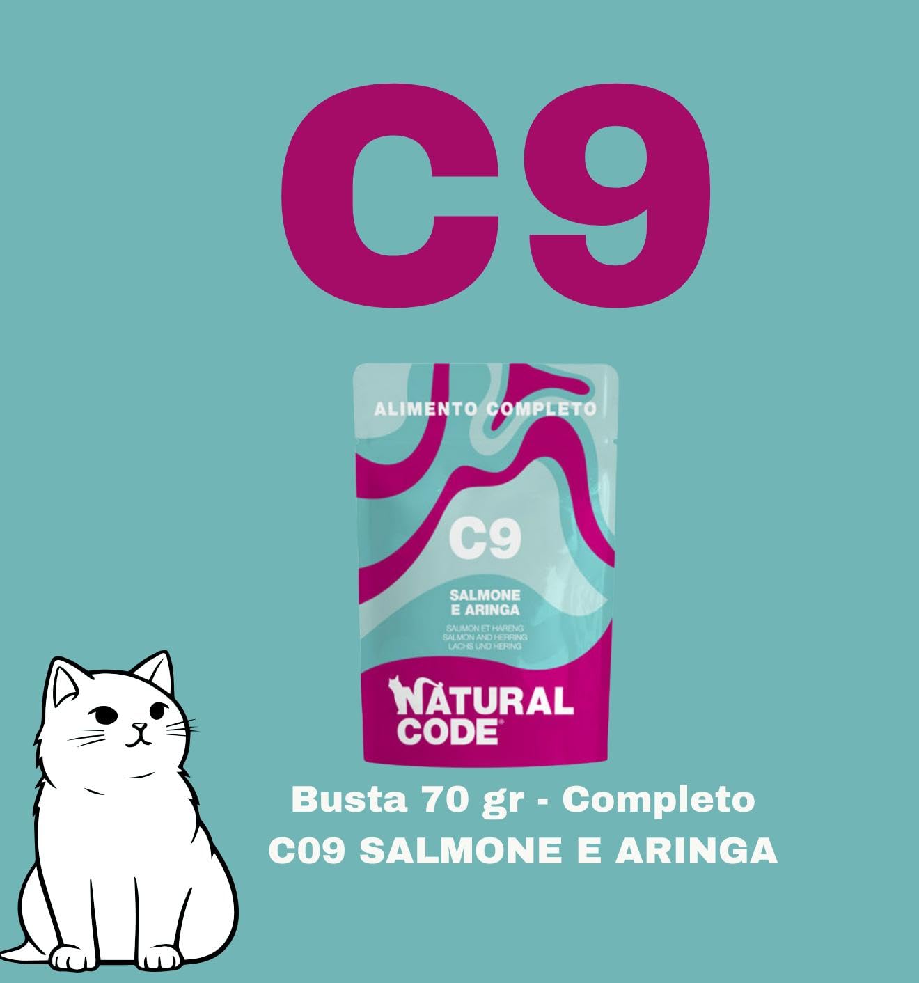 Natural Code húmedo para gatos adultos, sabor salmón y arenque, número C09, suaves sacapuntas en agua de cocción para gatos adultos de todas las tallas, altamente digerible | 12 sobres de 70 gramos