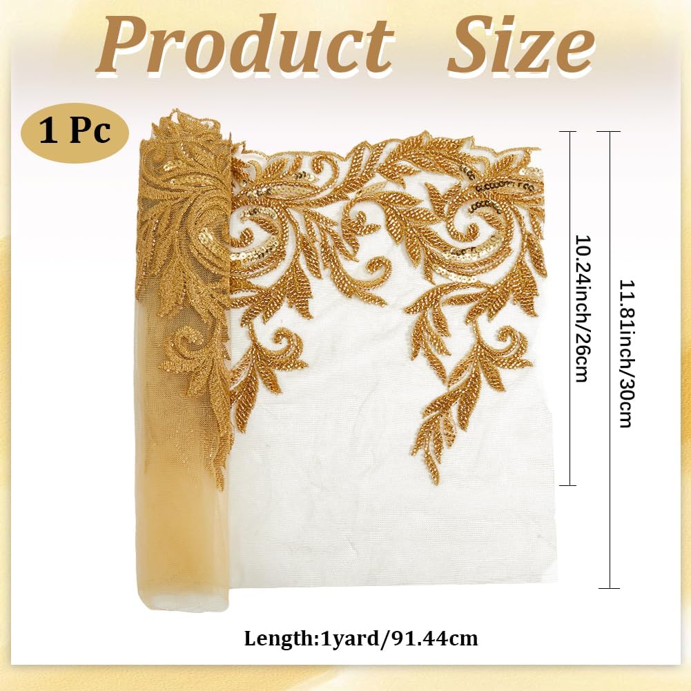 1 Yard Gold Embroidery Flower Patches Sew On Lace Fabric Shiny Sequin Floral Leaf Appliques Glass Beaded Tulle Vintage Cloth for Sewing Making Clothing Accessories Ornament Wedding Party Diy image 2