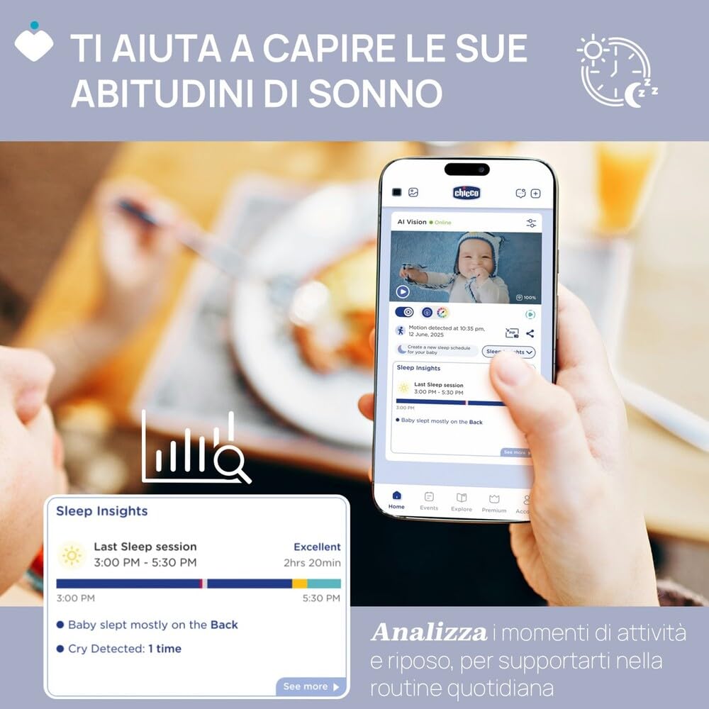 Chicco Video Baby Monitor Wi-Fi Smart AI, Telecamera 2K UHD con Visione Notturna Infrarossi, App dedicata, Luci Multicolore, Ninnenanne e Rumori Bianchi, Appendibile e Adattabile - 5