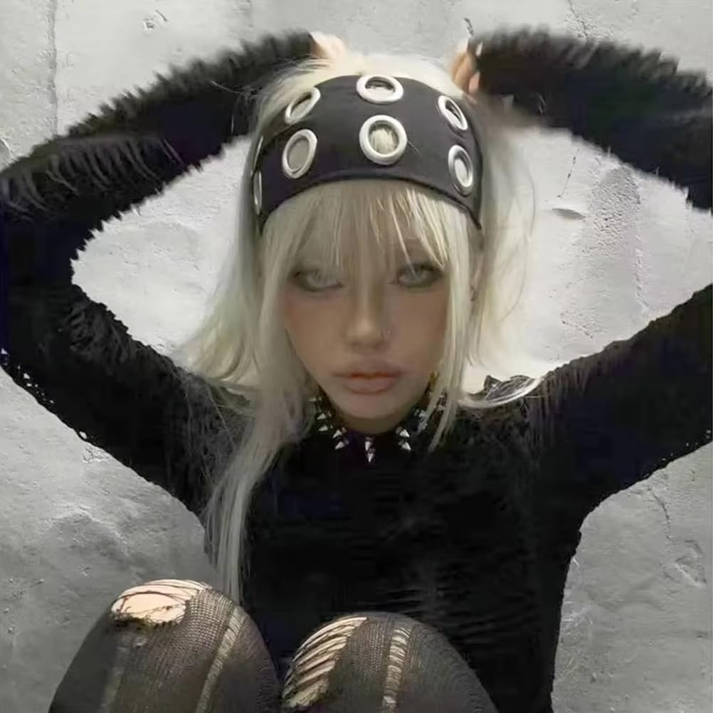 LUMOOM 2 Stück Elastisches Stirnband für Damen, Y2K Mädchen Punk Grunge Breite Haarbänder mit Ösen, Dehnbares Casual Haar-Accessoire zum Trainieren und Yoga