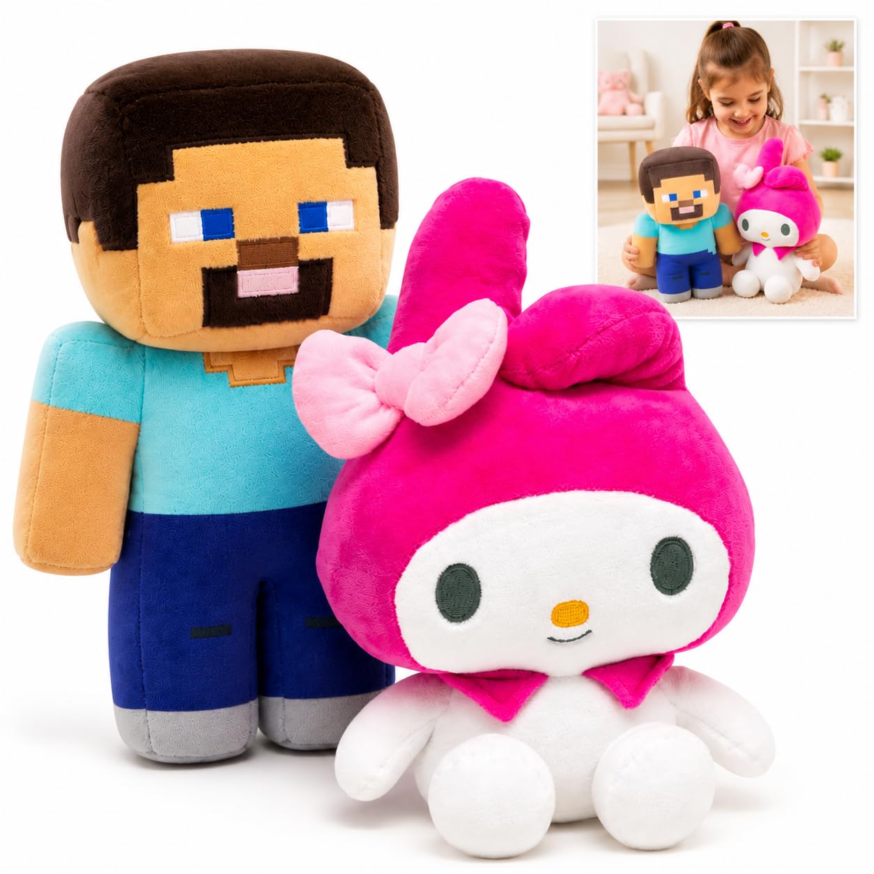 Hello Kitty My Melody & Minecraft Steve Soft Plush Toy Set, 30cm Cute Bunny & Gaming Character Stuffed Teddy Bundle for Kids, Boys & Girls — image 1