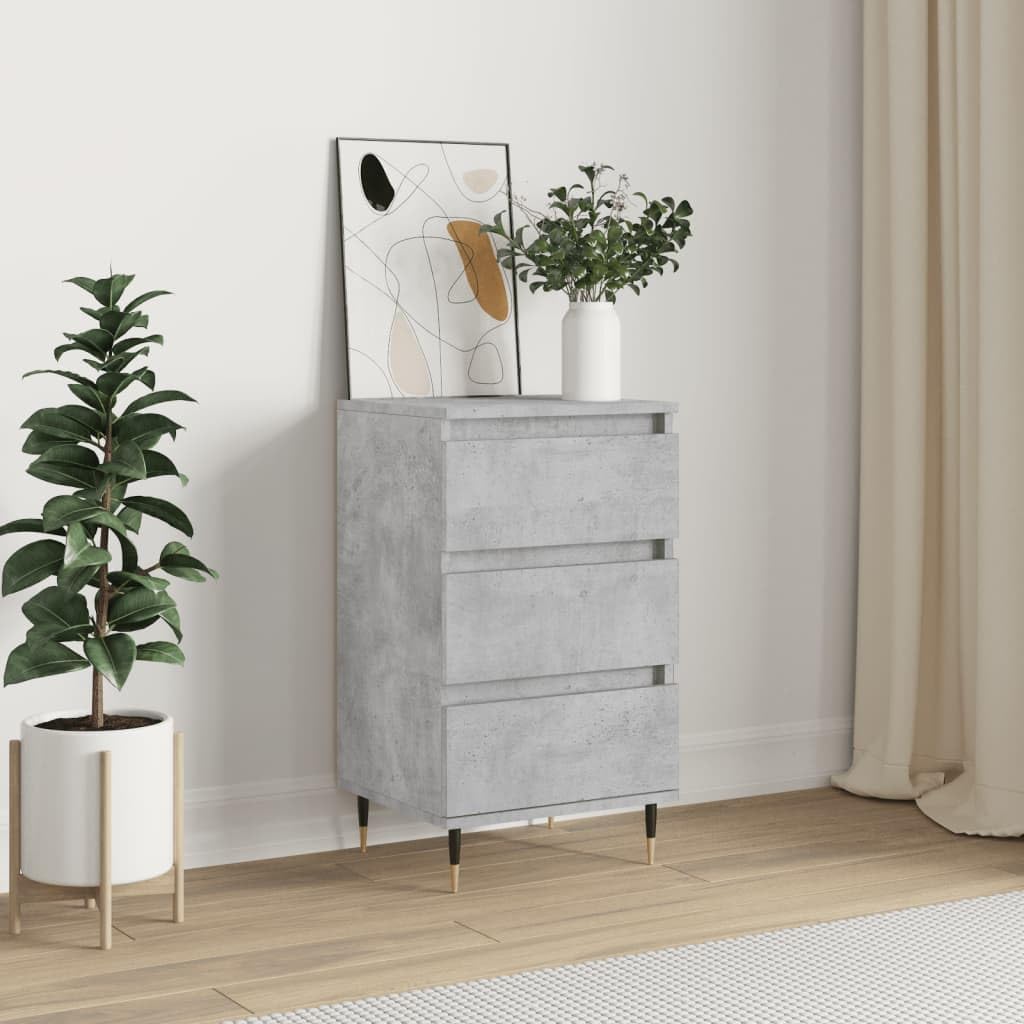 Credenza grigio cemento con 3 cassetti, 40 x 35 x 70 cm, in legno e gambe in metallo, moderno, per soggiorno e corridoio, con spazio e struttura stabile, per soggiorno e camera da letto