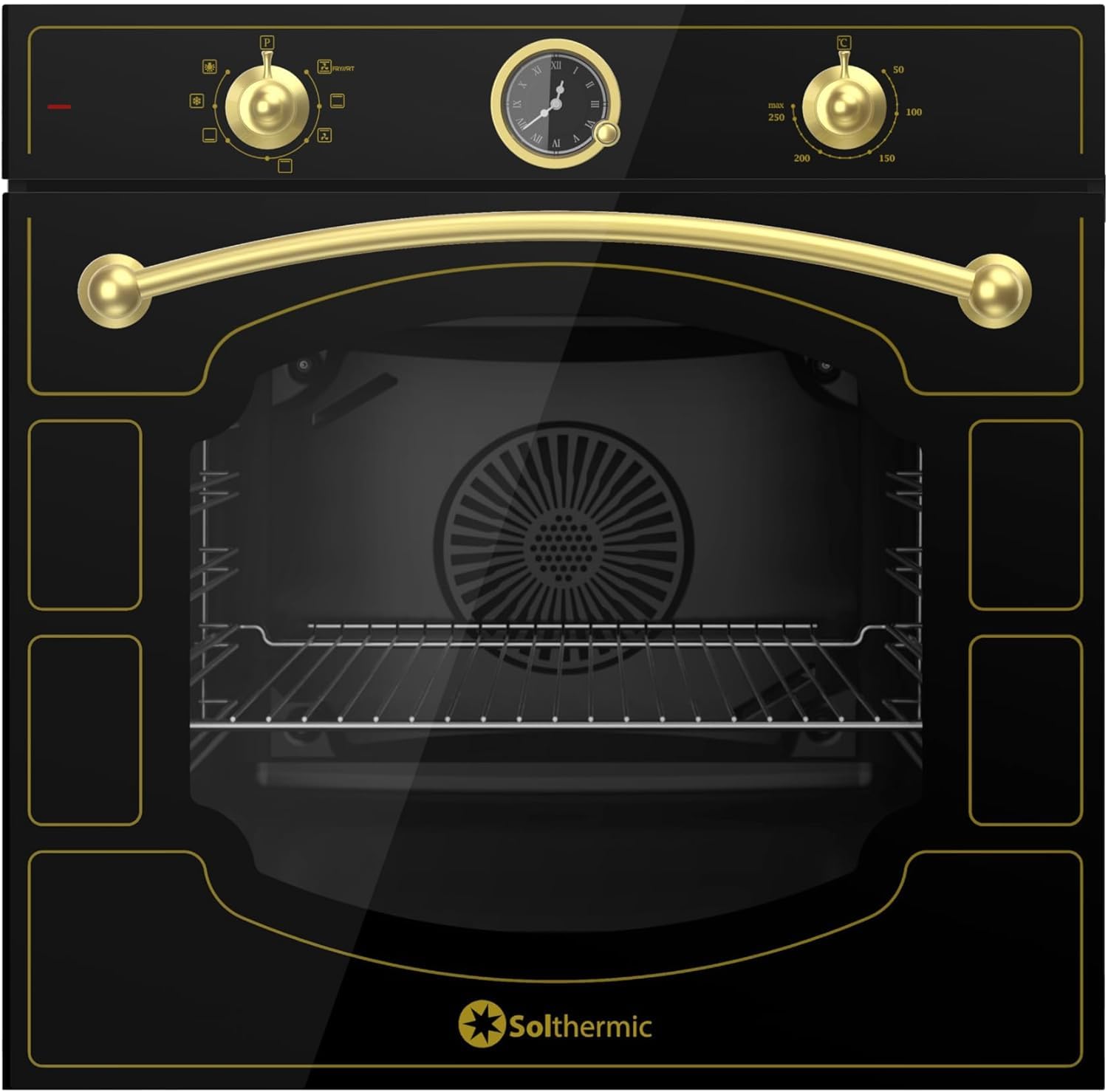 SOLTHERMIC PACK 4 EN 1 NEGRO RUSTICO PLACA VITRO 4 FUEGOS PVTC60 59x52cm / 9 niveles + CAMPANA DECORATIVA 60 CM 400m3 + HORNO EXTRA AMPLIO 78L TURBO + COMBI 2 P F2PR188N 1,88 cm x 55 de ancho