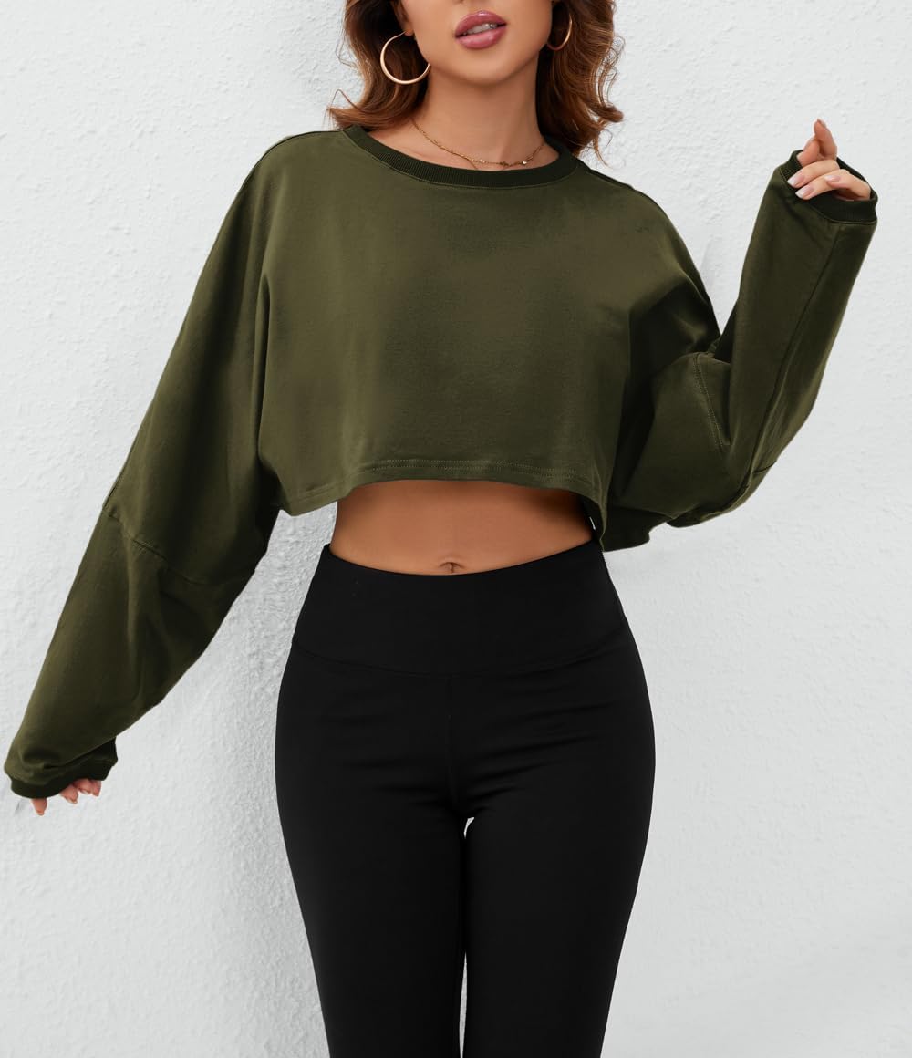 Meladyan Women Long Sleeve Crewneck Crop Top Tee Shirt Sweatshirt Casual Solid Loose Fit Workout Cropped Pullover Tshirt - Image 3