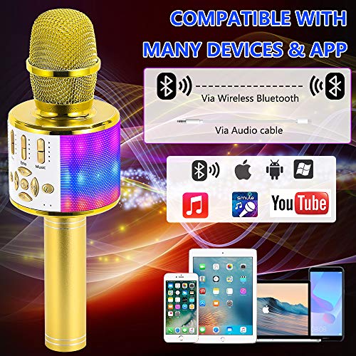 Image of Amazmic Kids Karaoke Microphone Machine Toy Bluetooth Microphone Portable Wireless Karaoke Machine Handheld with LED Lights, Gift for Children Adults Birthday Party, Home KTV(Gold)