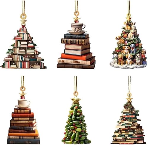 2D Flat Wooden Xmas Books Ornament, 6Pcs Christmas Tree Shape Bookshelf Pendants, 2024 Christmas Acrylic Decor for Tree Hanging, Stacked Book Ornament