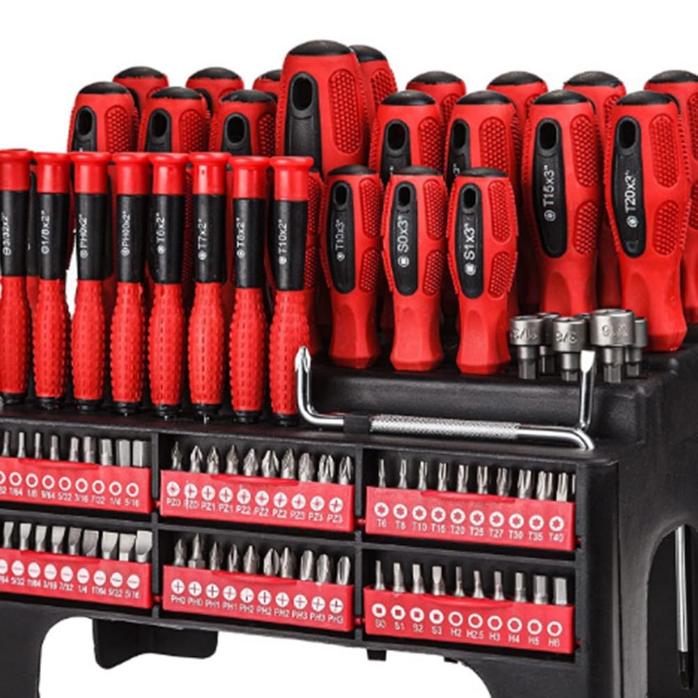 Juego de 100 Destornilladores Magnéticos para Uso Profesional con Soporte de Almacenamiento, Color Rojo