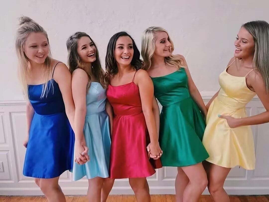 Eightale Vestido corto de satén para fiesta de graduación 2024 para adolescentes con bolsillos, vestido de graduación
