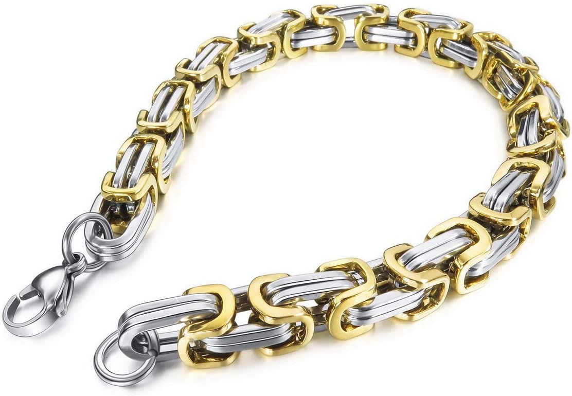 INBLUE 8mm Wide 316L Stainless Steel Bracelet Byzantine Link Chain Bracelet for Men Women Water Resistance (5 Colors - Silver Black Gold Silver and Silver and Gold, 4 Lengths - 7.5" 8" 8.5" 9") - Image 2