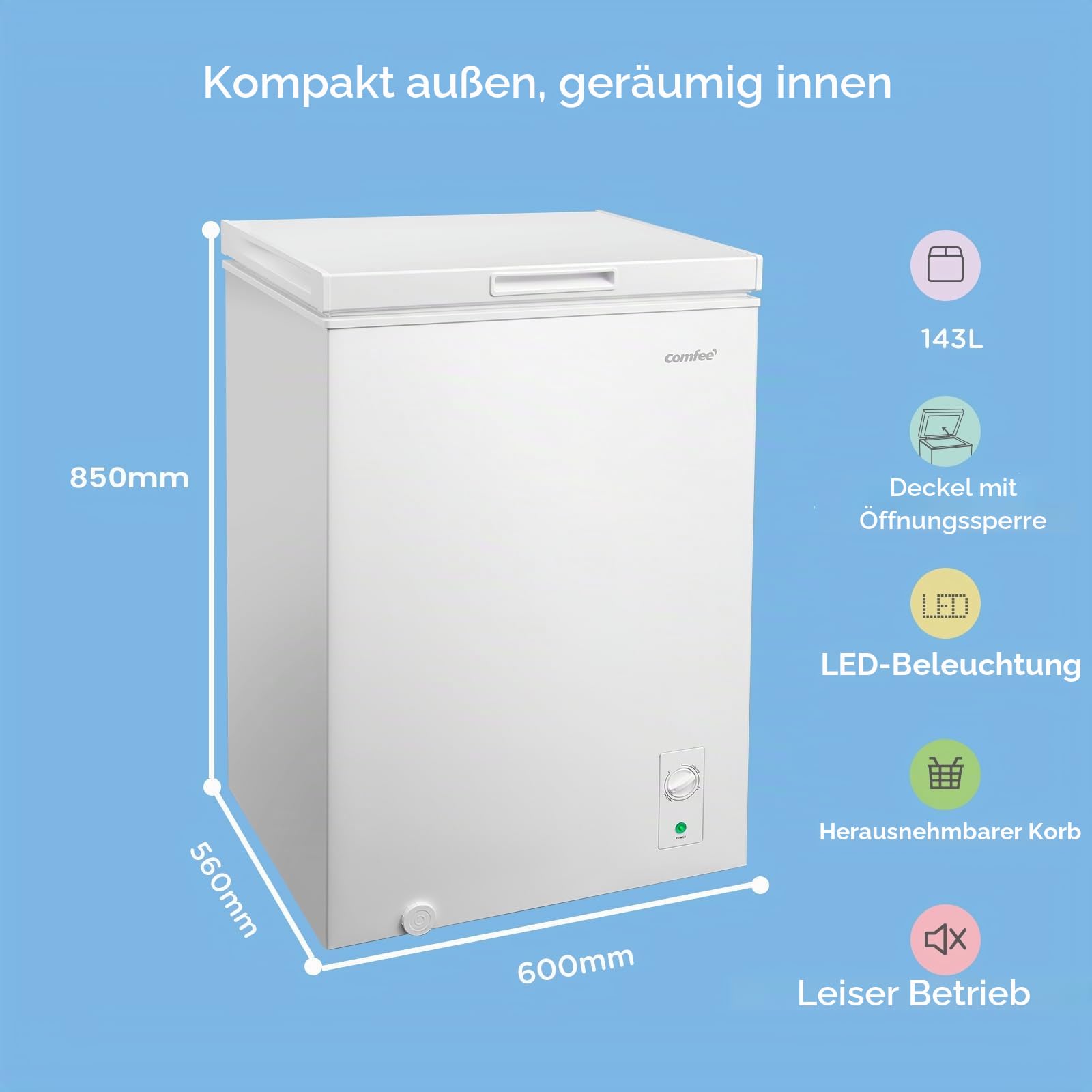 COMFEE' RCC146WH2EU(E) 143L Freistehender Gefrierschrank, Umwandlung zwischen Gefrierschrank und Kühlschrank, Inverter-Kompressor, geeignet für Außenanlagen, Garagen und Schuppen, Weiß